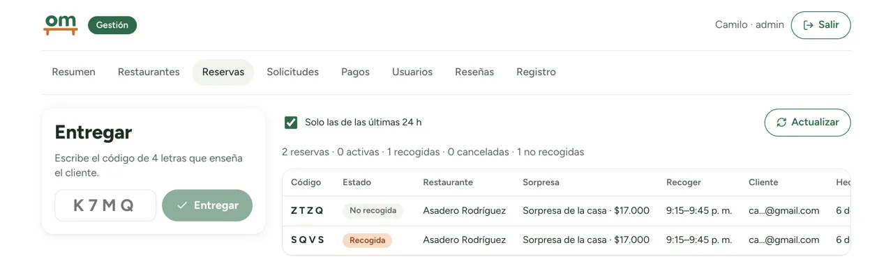 The admin office: every booking as it lands, hand-over by code