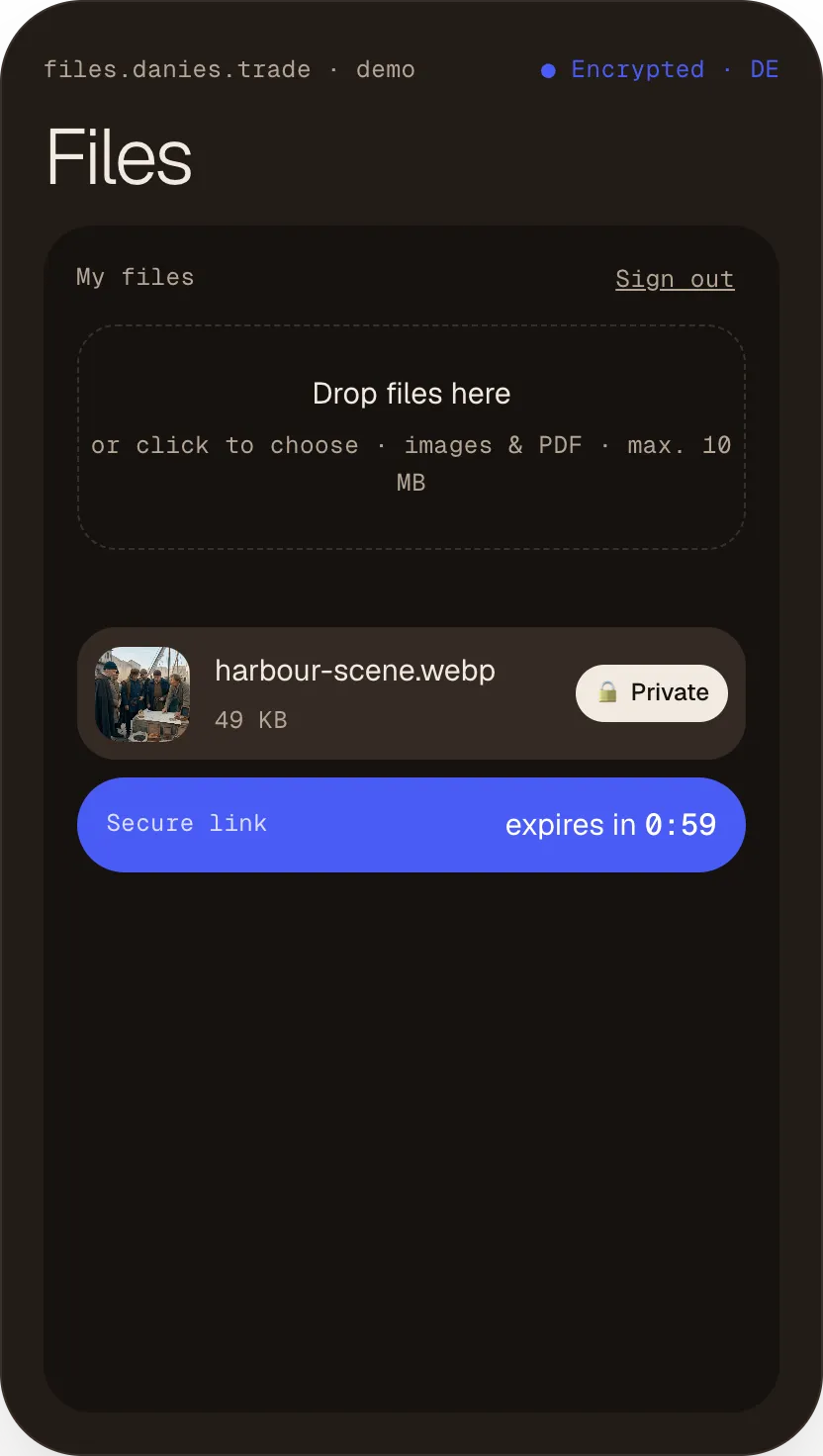 Private files and an expiring link in dark mode
