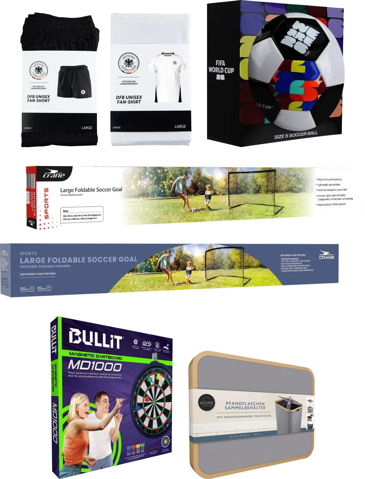DFB fan short and shirt, FIFA World Cup 26™ football box, Crane soccer goals, Bullit dartboard and Home Creation bottle collector